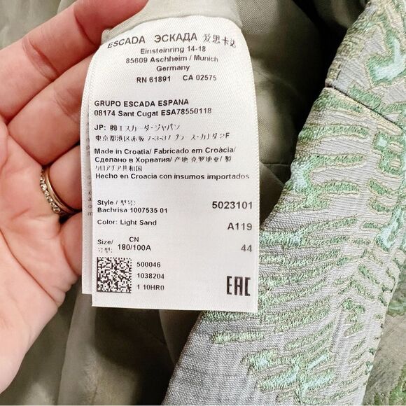 Escada Pant Suit Blazer Jacket Green Silver Metallic Floral Size 44 XL - Picture 13 of 14